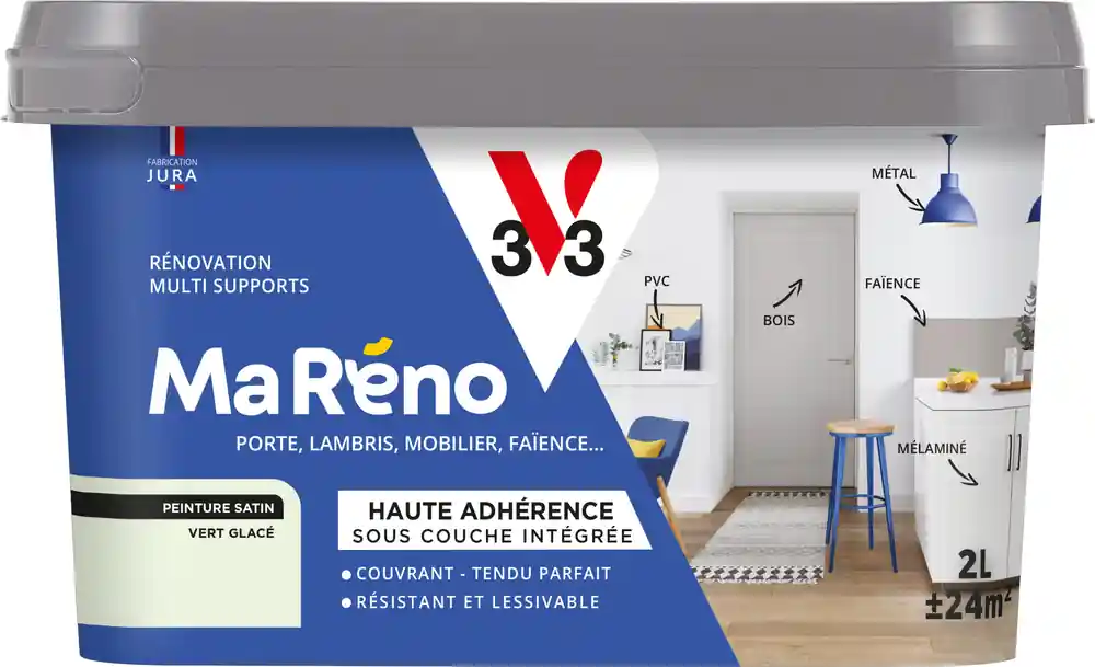 Peinture de rénovation multi-supports MaRéno vert glacé finition satinée 2L - V33 Paiement Sécurisé