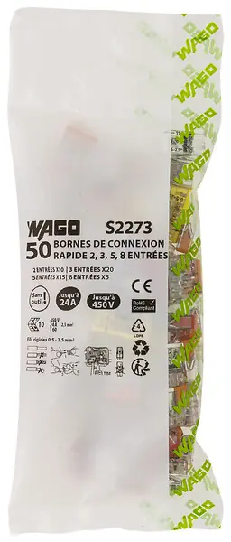 Retour Gratuit Lot de 50 mini bornes de connexion - Push-in - 24A 450V WAGO