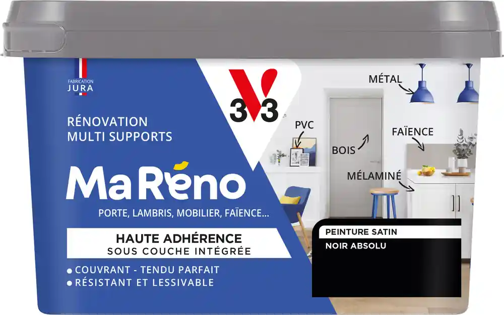 Vente Directe Peinture de rénovation multi-supports MaRéno noir absolu finition satinée 0,5L - V33
