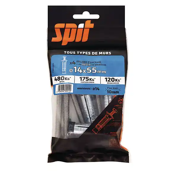 Sachet de 4 Prima Inox 14x55mm+ vis Inox TH D8x60mm RED HEAD Super Prix
