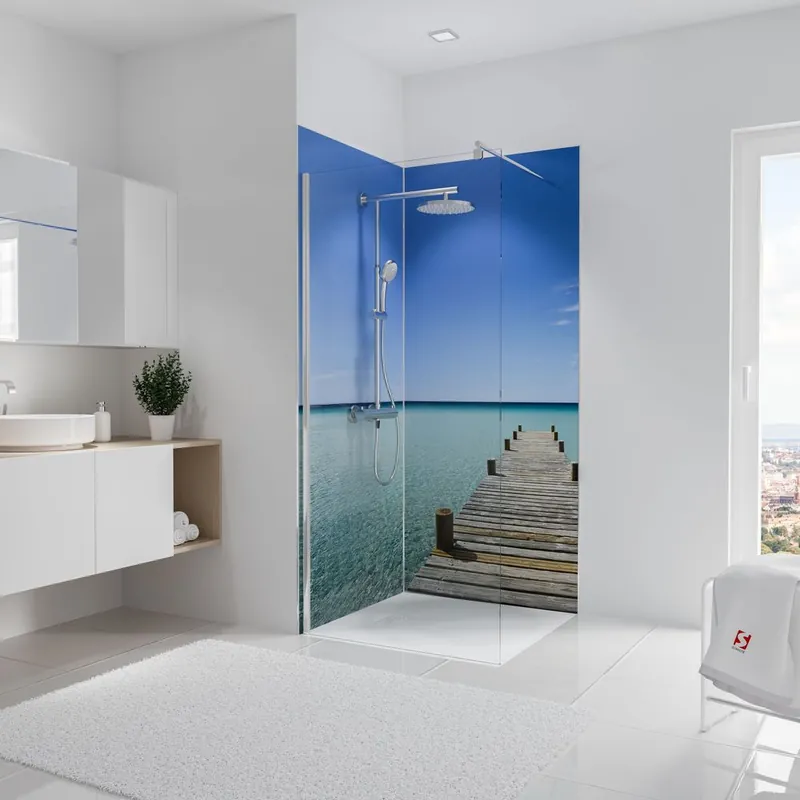 Populaire Panneaux muraux de douche 90+90x210 cm ponton Maldives DécoDesign Photo - SCHULTE