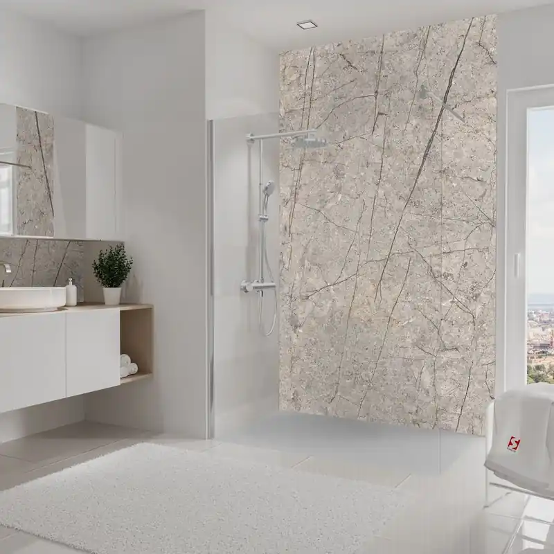 Certifié Panneau mural de douche 150x255 cm pierre greige veiné DécoDesign Softtouch - SCHULTE
