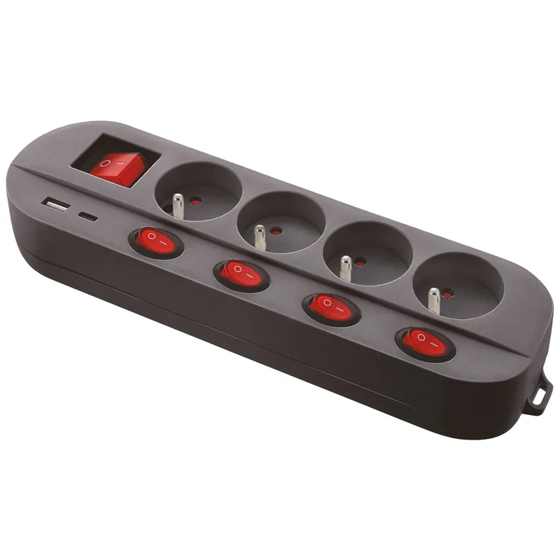 Multiprise avec interrupteurs 4 prises + USB-A + USB-C 1,5m noir - GEFOM Pas Cher