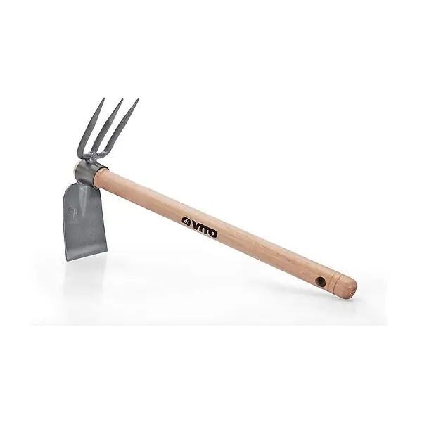 Dernière Chance Serfouette avec panne et fourche 3 dents Outil de jardin Manche bois Inox et Fer forgés à la main VITO