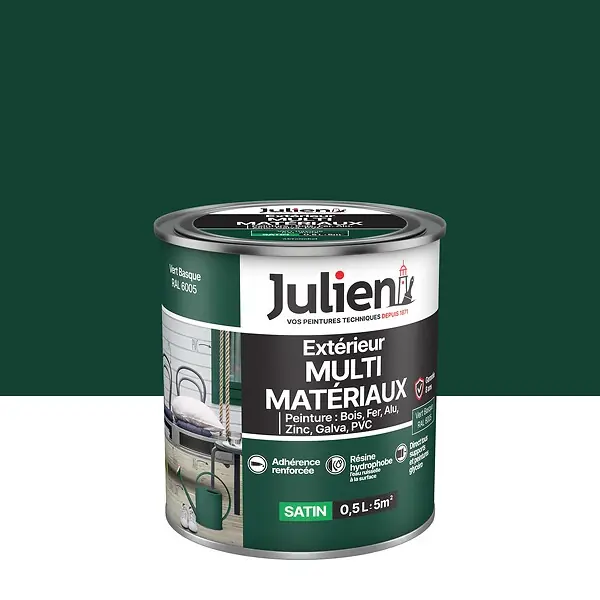 Retour Gratuit Peinture extérieure multi-matériaux Satin - Vert Basque 0.5L JULIEN