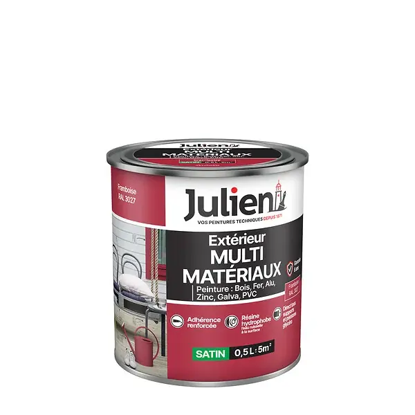 Peinture extérieure multi-matériaux Satin - Framboise - 0.5L JULIEN Dernière Chance