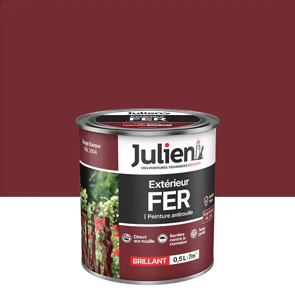 Peinture antirouille extérieure Brillant - Rouge Basque 0,5L JULIEN Populaire