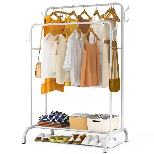 Bon Plan Portant a Vetements Double avec etagere Chaussures 4 Crochets Lateraux 110x58x150cm metal Blanc VOUNOT
