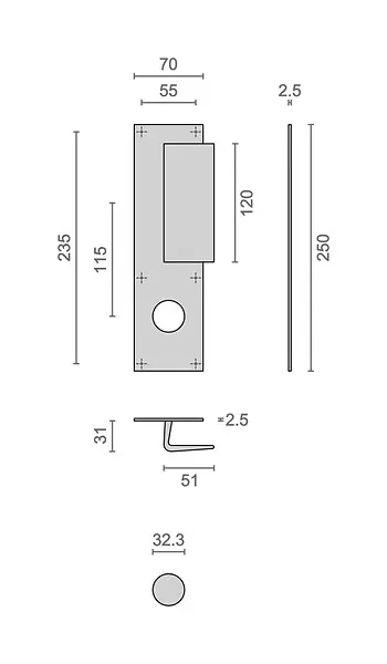 Authentique Poignée palière aluminium type Bastille 70x250mm argent trou de 32 - HERACLES - I-231103TR32