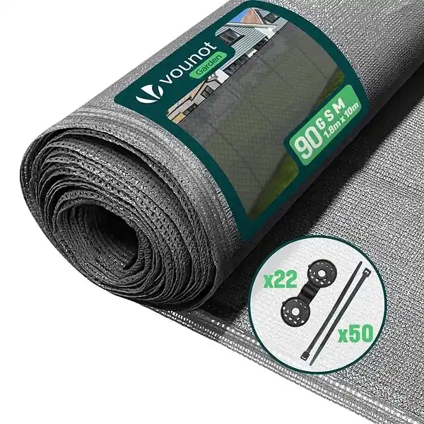 Bon Plan Brise vue occultant en HDPE 90g/m² 1.8x10m avec attaches de fixation gris VOUNOT