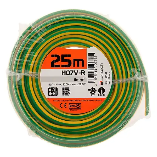 Soldes Fil électrique H07V-R 6mm² jaune/vert - 25m - Zenitech