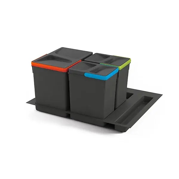 Réduction Kit poubelle de tri sélectif pour tiroir de cuisine avec socle Recycle hauteur 266mm, 1x15litres, 2x7litres, module 600mm, Plastique Gris antracite EMUCA
