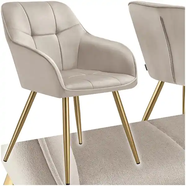 Chaise de salle à manger avec aspect velours capitonné taupe/doré TECTAKE Acheter Direct