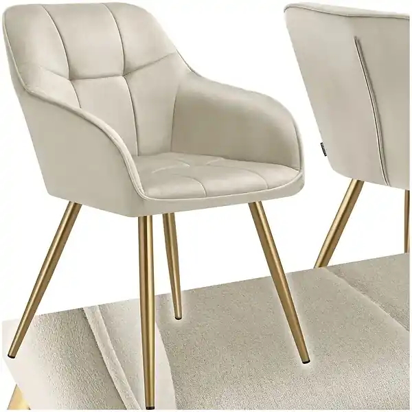 Must-Have Chaise de salle à manger avec aspect velours capitonné crème/doré TECTAKE
