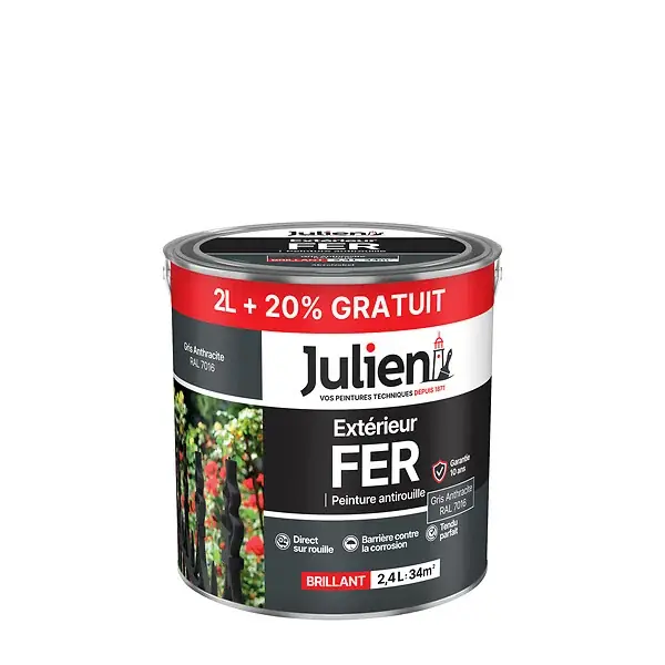 Réduction Peinture antirouille pour fer extérieur - Brillant Gris Anthracite - 2,4L JULIEN
