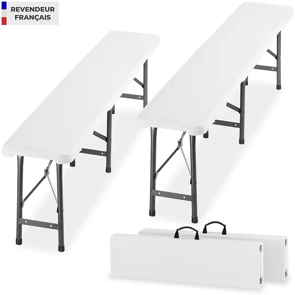 Vente Flash Lot 2 bancs pliants camping blanc en aluminium charge 500 kg pliables compacts avec mallette TECTAKE
