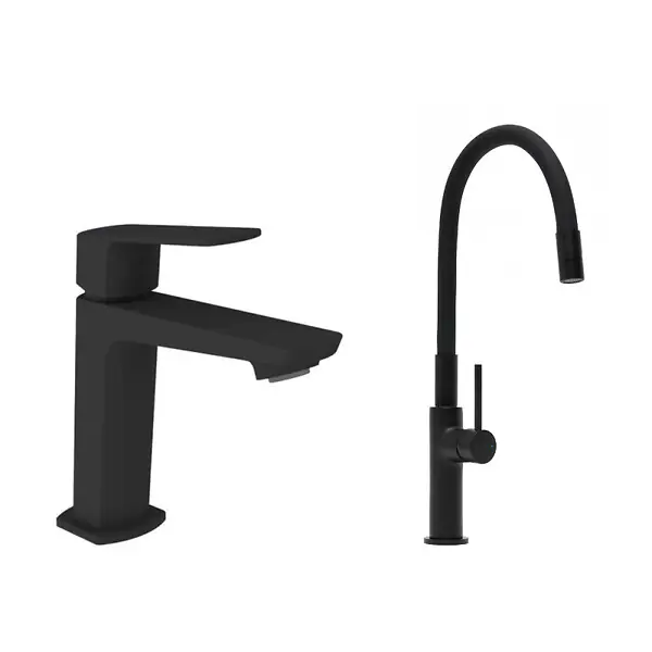 Offre Limitée set mitigeur lavabo sans tirette + mitigeur de cuisine avec aérateur Neoperl®, noir mat (SATBS271C) SWISS AQUA TECHNOLOGIES