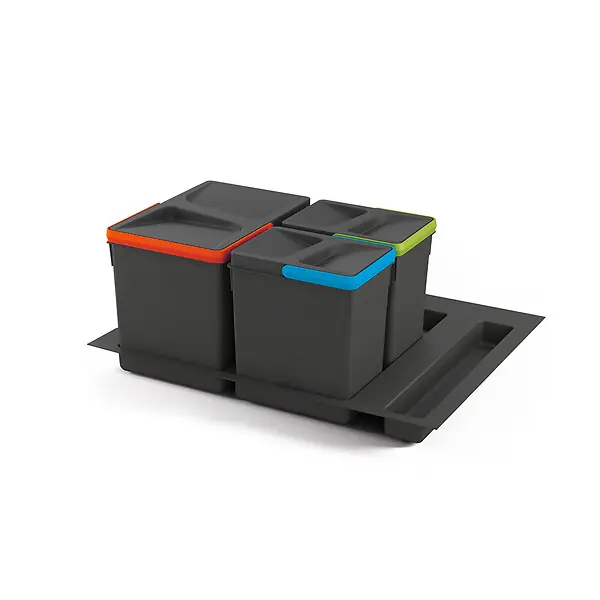 Nouvel Arrivage Kit poubelle de tri sélectif pour tiroir de cuisine avec socle Recycle hauteur 216mm, 1x12litres, 2x6litres, module 600mm, Plastique gris anthracite EMUCA
