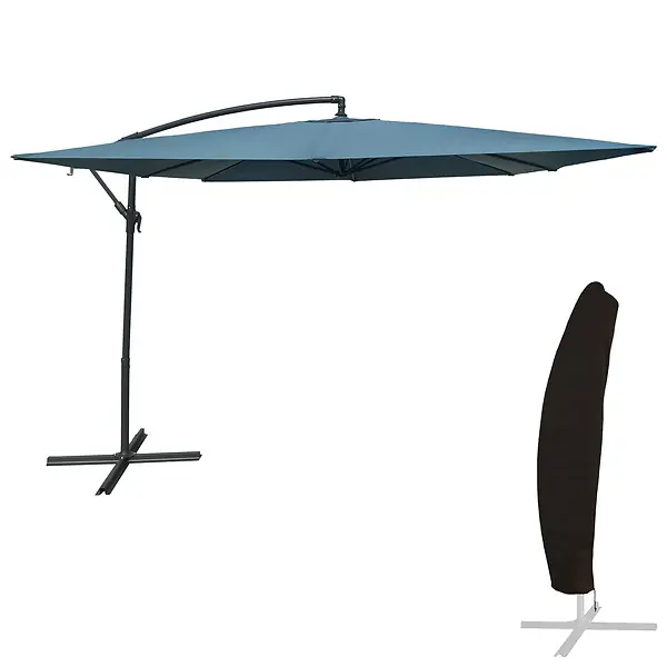 Haute Qualité Parasol déporté MOLOKAI carré 2,7x2,7m bleu gris + housse HAPPY GARDEN