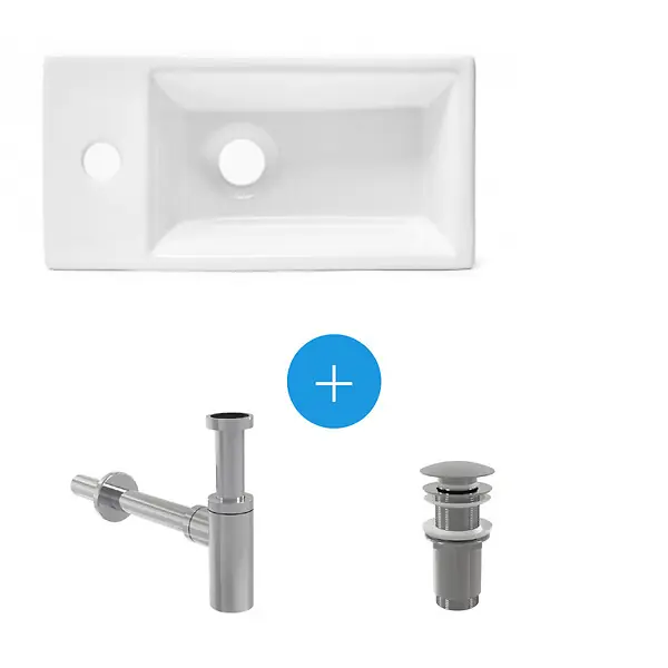 Ensemble lave-mains suspendu avec trou pour robinetterie 40.5x20.5, Bonde clic-clac Siphon SATBRE4020SL-SET SWISS AQUA TECHNOLOGIES Jusqu'à Épuisement Des Stocks