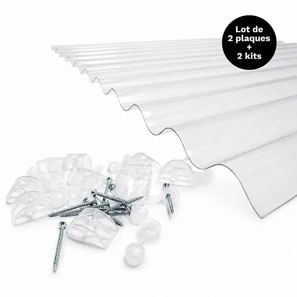 Lot 2 plaques polycarbonate ondulées PO 76/18 + 2 kits de fixation Translucide, l.90 cm, L.200 cm MCCOVER Vente Flash