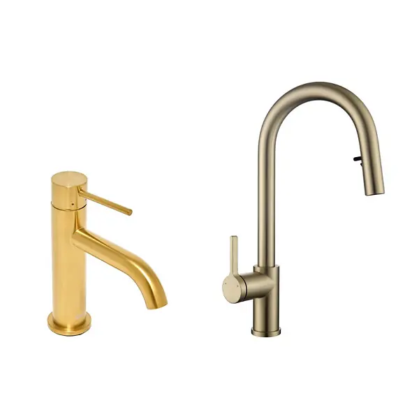 Promotion Aurum set mitigeur lavabo + mitigeur cuisine Ceramia Timeless acier inoxydable, douchette extractible, or brossé (SATTMLBA285BG) SWISS AQUA TECHNOLOGIES