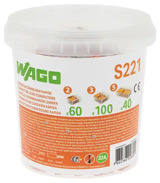 Expédition Rapide WAGO Seau 200 bornes de connexion automatique S221 2,3 et 5 entrées (60x2E+100x3E+40x5E) (KNX)