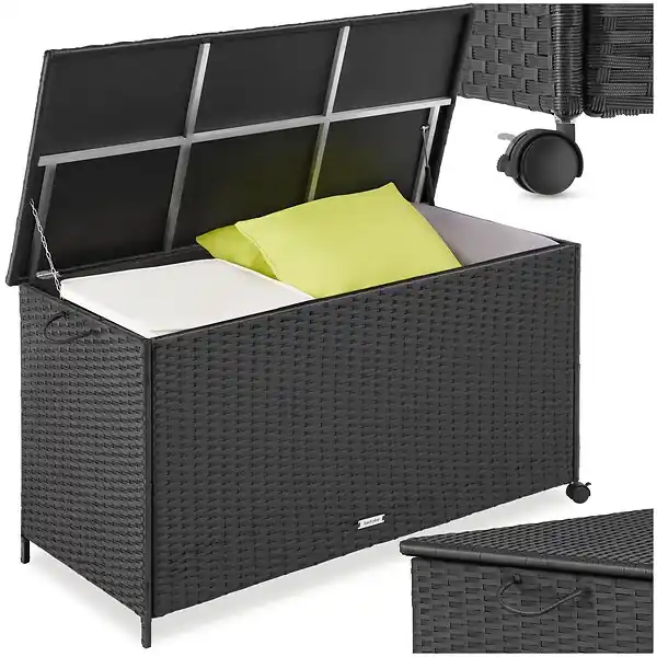 Boîte de rangement Kuusamo, en rotin, avec structure en aluminium et roulettes noir TECTAKE Dernière Chance