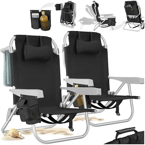 Chaise de plage en aluminium pliable avec dossier réglable noir avec sac à dos et coussin TECTAKE Meilleur Prix