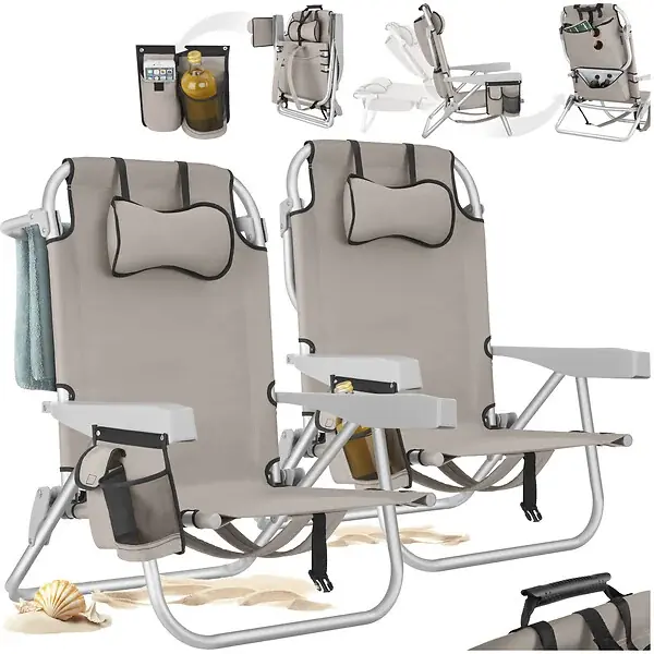 Offre Exclusive Chaise de plage en aluminium beige pliante avec sac à dos dossier réglable cinq positions TECTAKE