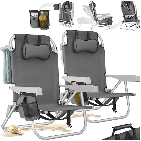 Chaise de plage aluminium pliable gris avec dossier réglable et transport sac à dos TECTAKE Meilleure Vente
