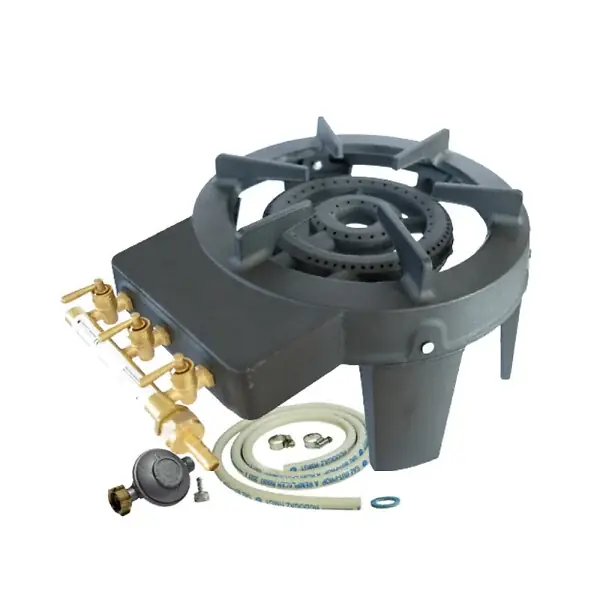 Promotion Saisonnière Rechaud gaz Traiteur Fonte véritable 9.8 kw 4 pieds 3 robinets + Tuyau gaz et détendeur MEVA