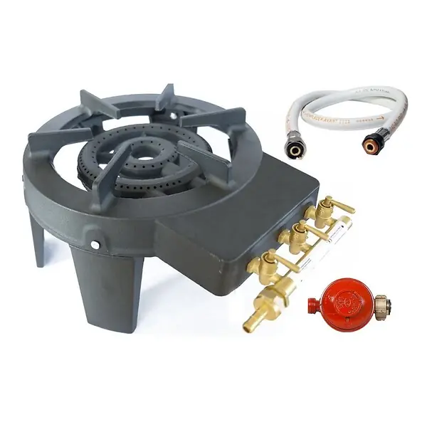 Rechaud à gaz en Fonte véritable 4 pieds 2 bruleurs + Tuyau gaz à vis 1.50m + Détendeur Propane TRIGLAV 9800 PROWELTEK Offre Exclusive
