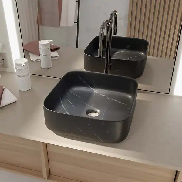 Vasque à poser carrée en céramique noire mat effet marbre 38x38x14 cm - BLACK MARBLE AURLANE Prix Réduit
