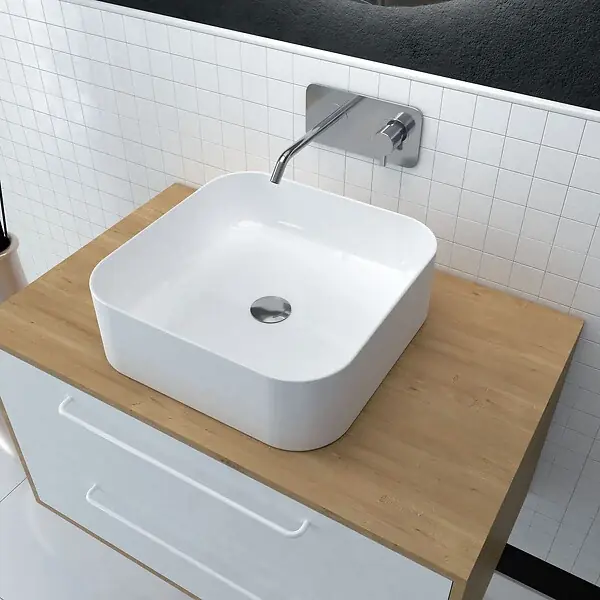 Vasque carrée blanche en céramique à poser - 40x40x13.5cm - POP SQUARE ROUNDED AURLANE Petit Prix