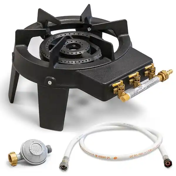 Rechaud gaz fonte véritable 9.8 KW 4 pieds 3 robinets + Tuyau gaz 1.50m et Détendeur Butane MEVA Marque