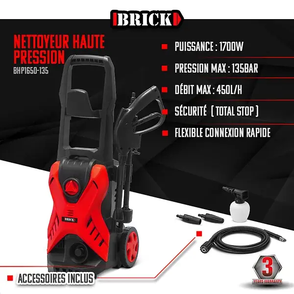 Nettoyeur haute pression 1700W - 135 bars sur roues - Buse turbo et buse rotative BRICK Promotion