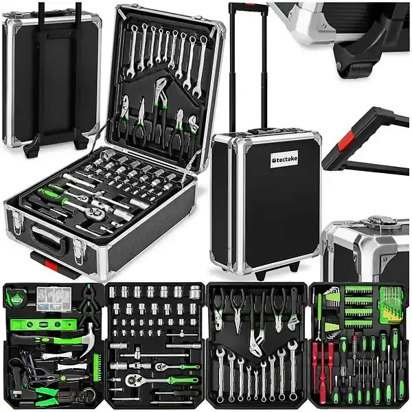 Dernière Chance 1200 Pièces coffre à outils en aluminium noir valise roulettes 4 niveaux fermetures à pression serrures TECTAKE
