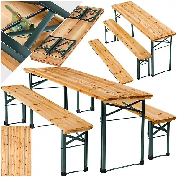 Promotion Saisonnière Ensemble table et bancs bois de sapin pliable pour 8 personnes en marron et acier stable TECTAKE