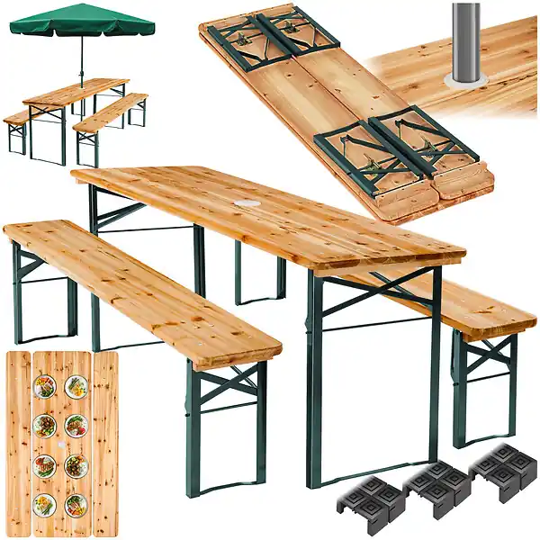 Ensemble de tables et bancs pliable avec support parasol mobilier de jardin marron en acier sapin TECTAKE Solde