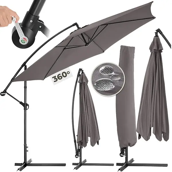 Marque Parasol déporté 3,5 m protection contre les uv ouverture par manivelle inclinable gris housse de protection incluse TECTAKE