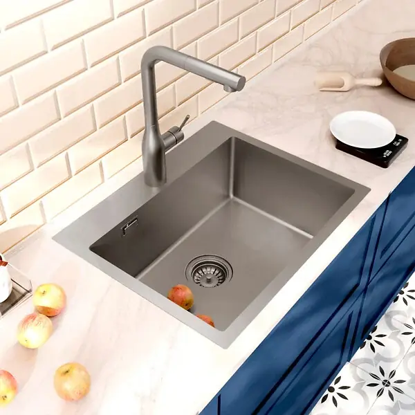 Certifié Ceramia Timeless Évier de cuisine encastrable inox 304, 1 bac, 55x45x21 cm, Gun Metal brossé PVD