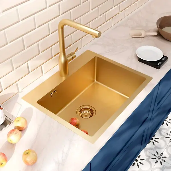 Promotion Ceramia Timeless Évier de cuisine encastrable inox 304, 1 bac , 55x45x21 cm, Or brossé PVD