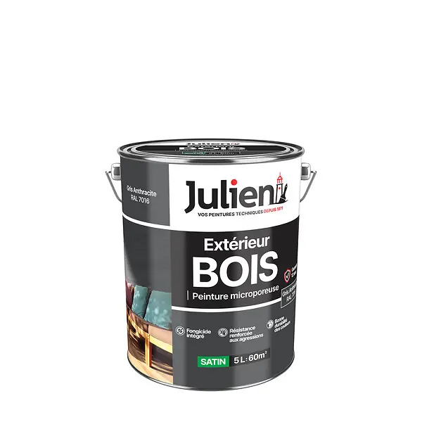 Expédition Rapide Peinture extérieure bois microporeux satin - Gris Anthracite - 5L JULIEN