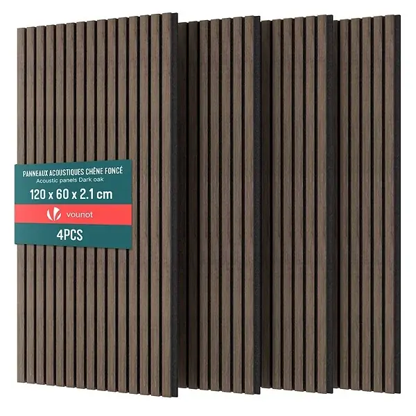 Remise Lot de 4 panneaux acoustiques muraux Tasseaux en bois MDF avec feutre noir 120x60x2.1cm chene foncé VOUNOT