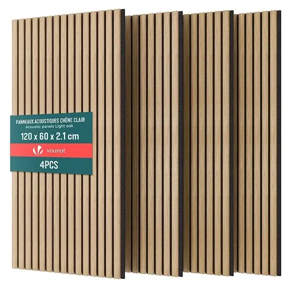 Paiement Sécurisé Lot de 4 panneaux acoustiques muraux Tasseaux en bois MDF avec feutre noir 120x60x2.1cm chene clair VOUNOT