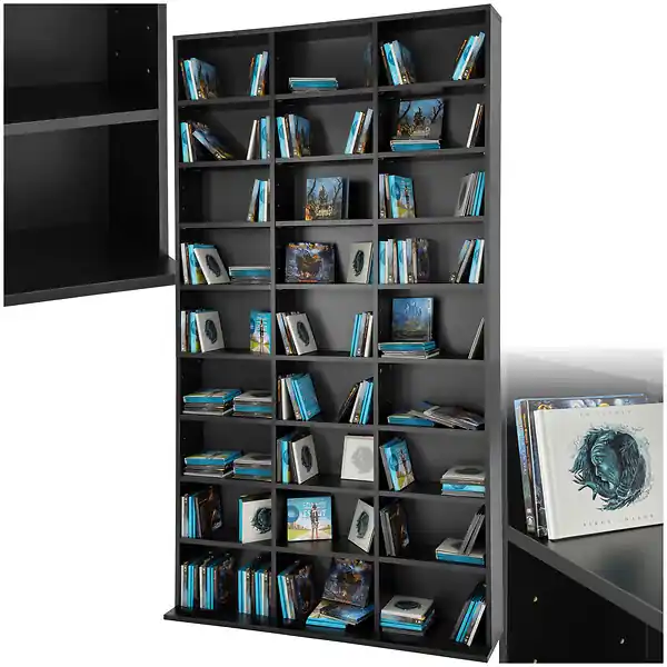 Bon Plan Étagère bibliothèque rangement média noir 180 x 102 x 23,5 cm 27 compartiments 24 étagères réglables TECTAKE
