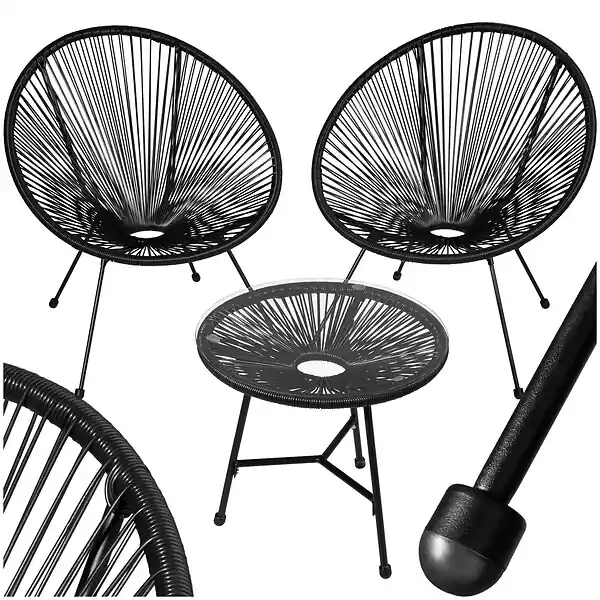 2 Places ensemble mobilier extérieur noir fauteuils confortables style acapulco table plateau en verre cordage élastique montage facile TECTAKE Marque
