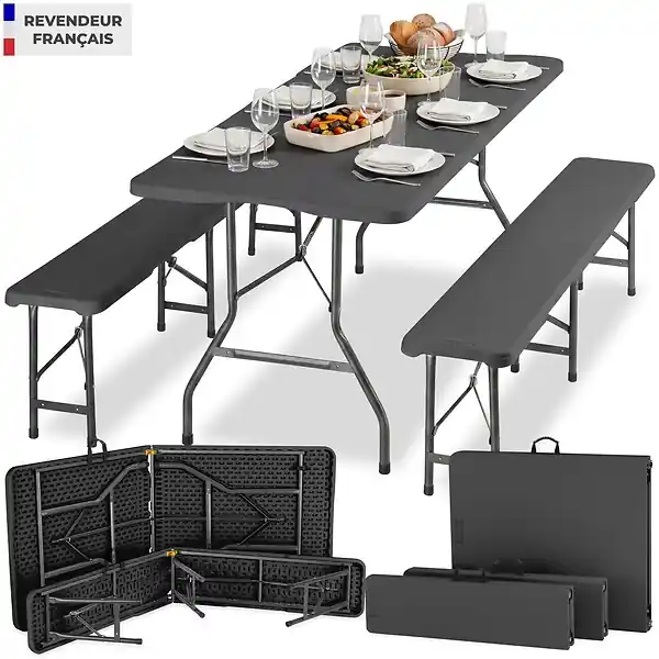 Prix Bas 8 Places ensemble de table de camping pliable résistant aux intempéries gris anthracite compact verrouillage sécurité TECTAKE