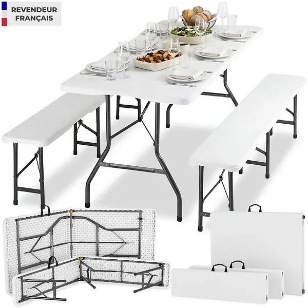 Prix Cassé 8 Places ensemble mobilier de camping pliable résistant aux intempéries blanc compact en polyéthylène acier 180 x 70 x 74 cm TECTAKE